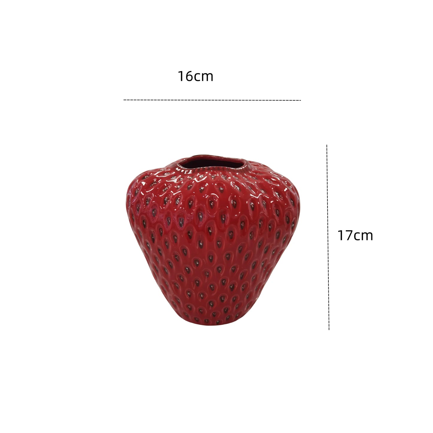 Red strawberry-shaped vase with dimensions on a white background