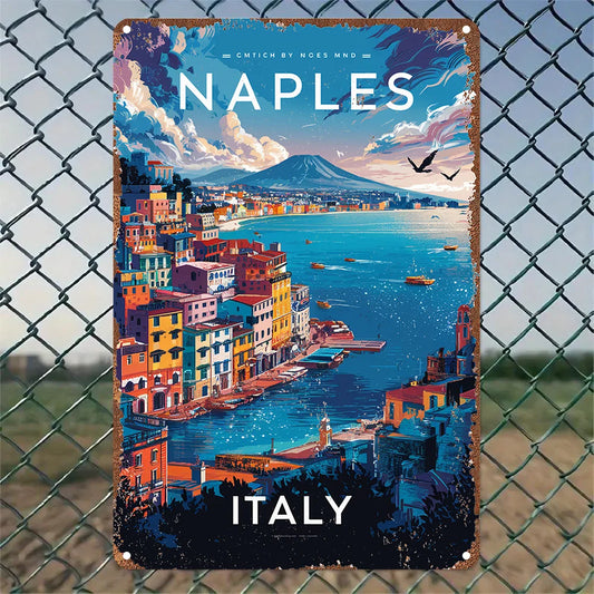 Naples Italy Vintage Coastal Travel Metal Wall Sign with Sea and Mountain View