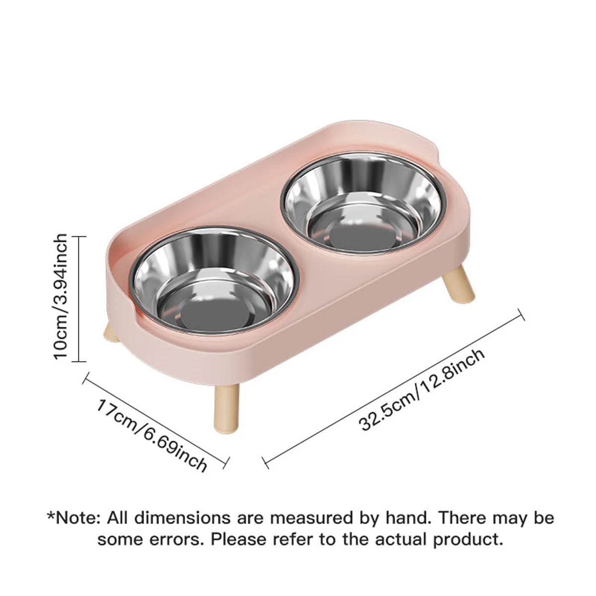 Pink pet feeder with two metal bowls and dimensions on a white background