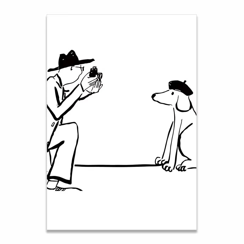 A minimalist black and white line art print depicting a photographer taking a picture of a dog wearing a beret, shown as a vertical poster with a subtle drop shadow on a white background.