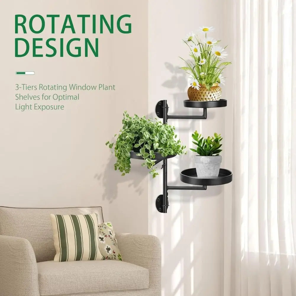 Rotating window plant shelves with plants in a living room setting