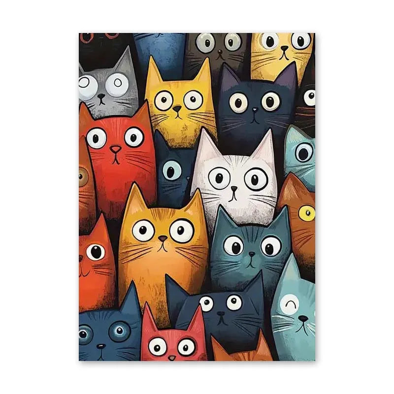 Illustration of colorful cats with different expressions on a white background