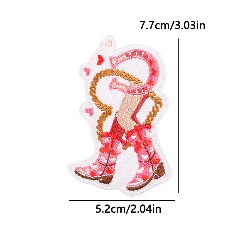 Embroidered patch of pink cowboy boots with a lasso, shown with measurements on a white background.