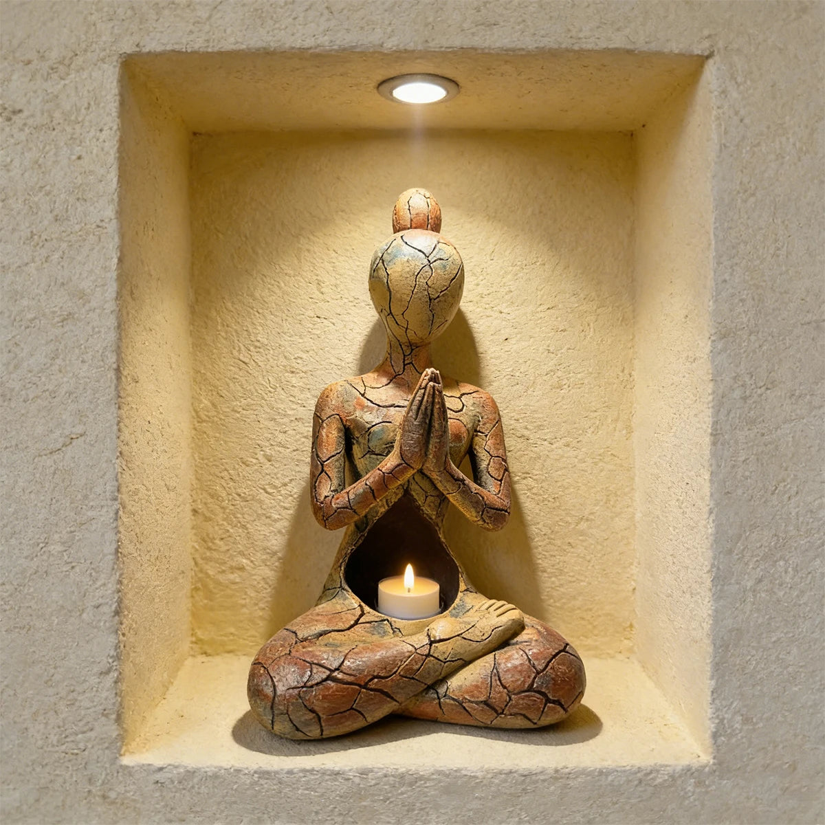 Artistic resin meditating figure ornament with a warm cracked-effect finish and hollow centre designed for a flameless LED candle.
