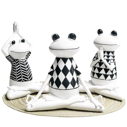 Black and white yoga frog resin ornament sitting in meditation pose for modern shelf and home decor