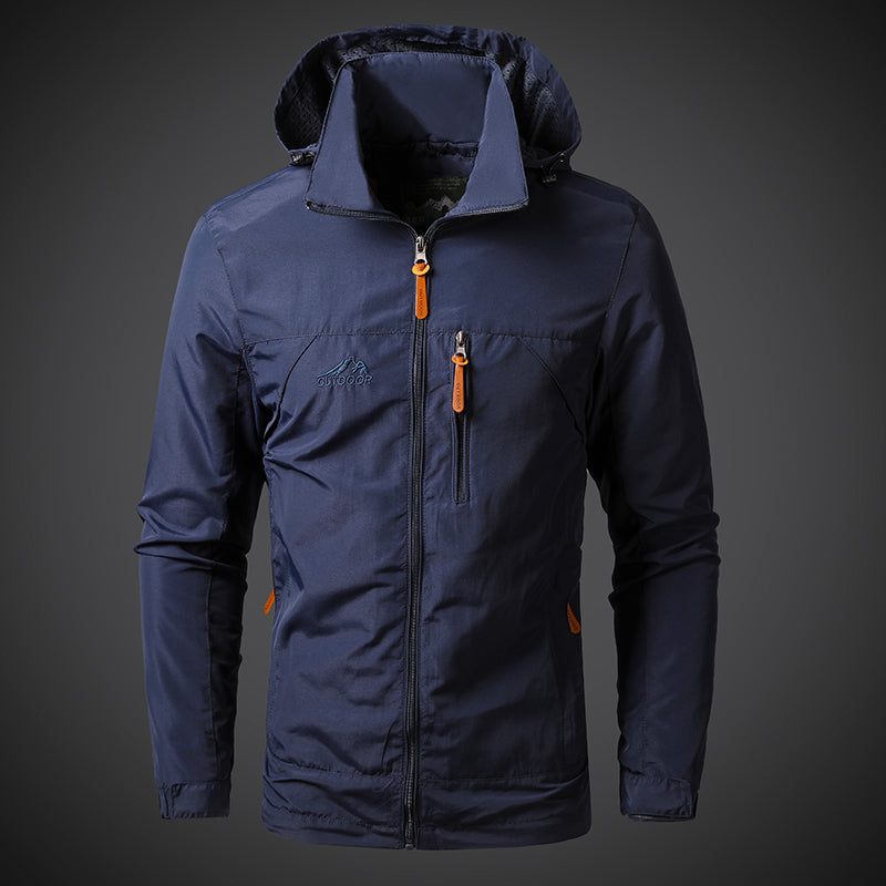 Navy blue jacket with orange zippers on a dark gray background