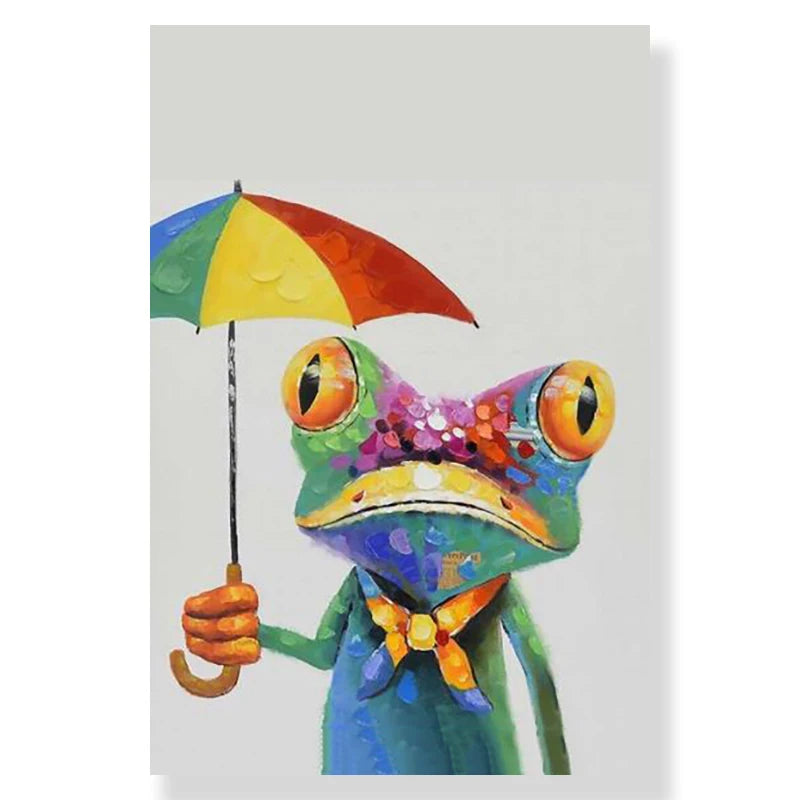 Colorful frog holding a rainbow umbrella on a white background