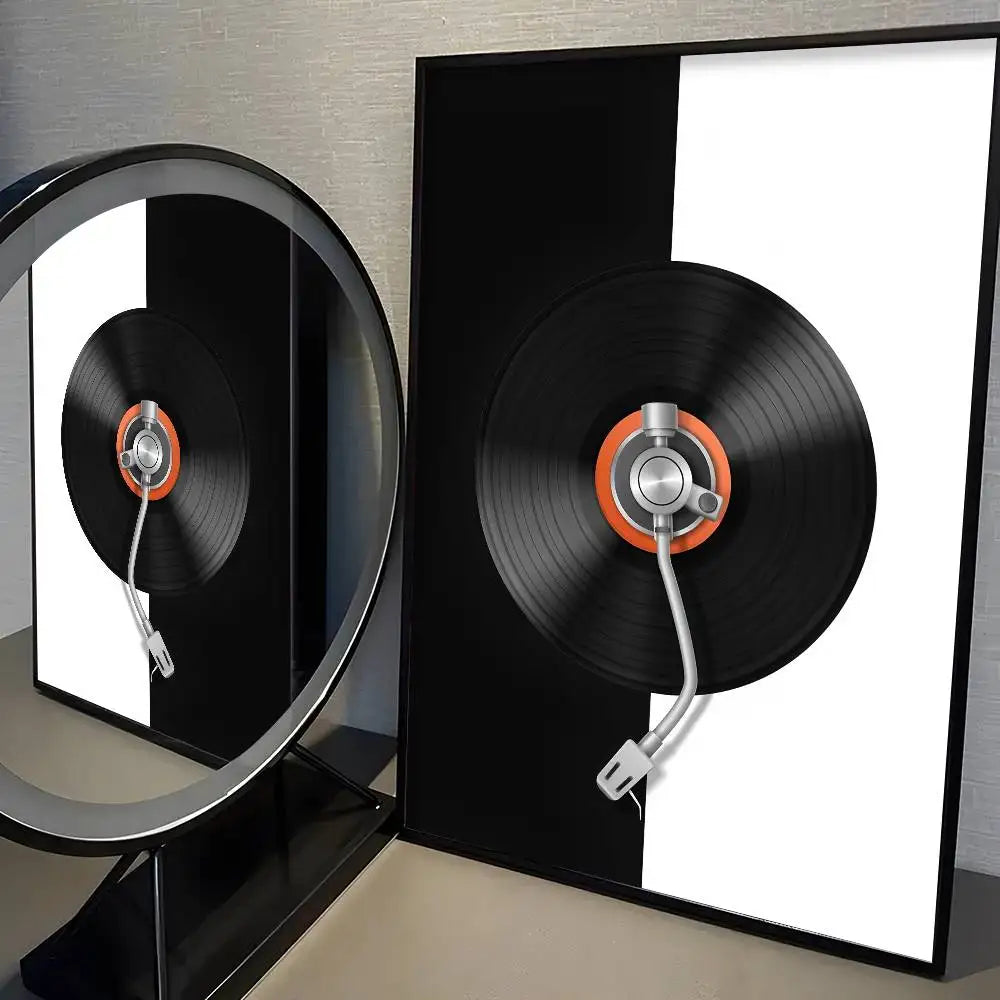 Vinyl record on a turntable with a mirror reflection.