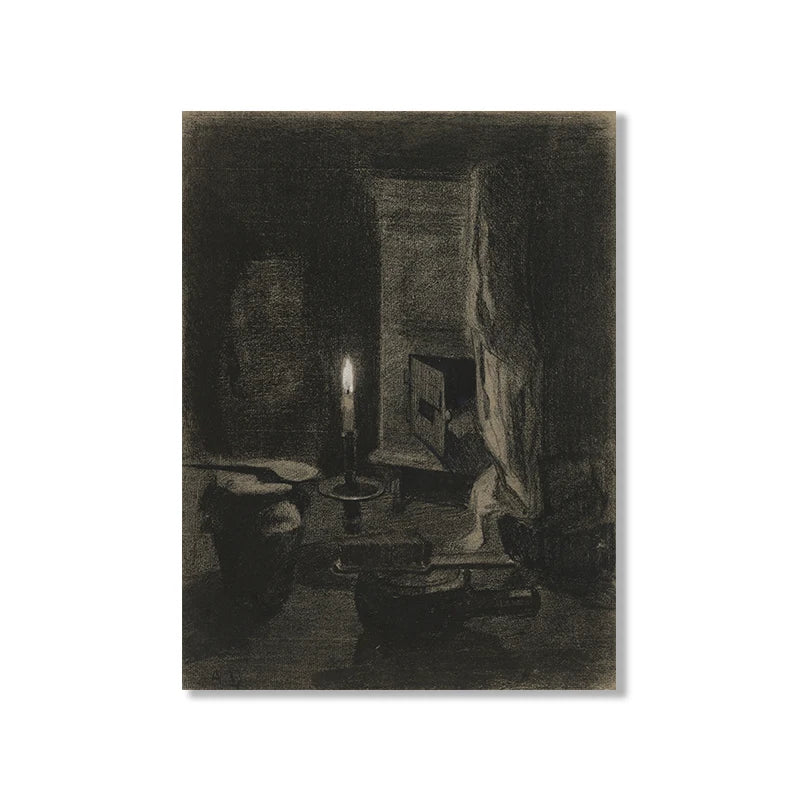 Dark, moody interior scene with a candlelit table and draped curtains.