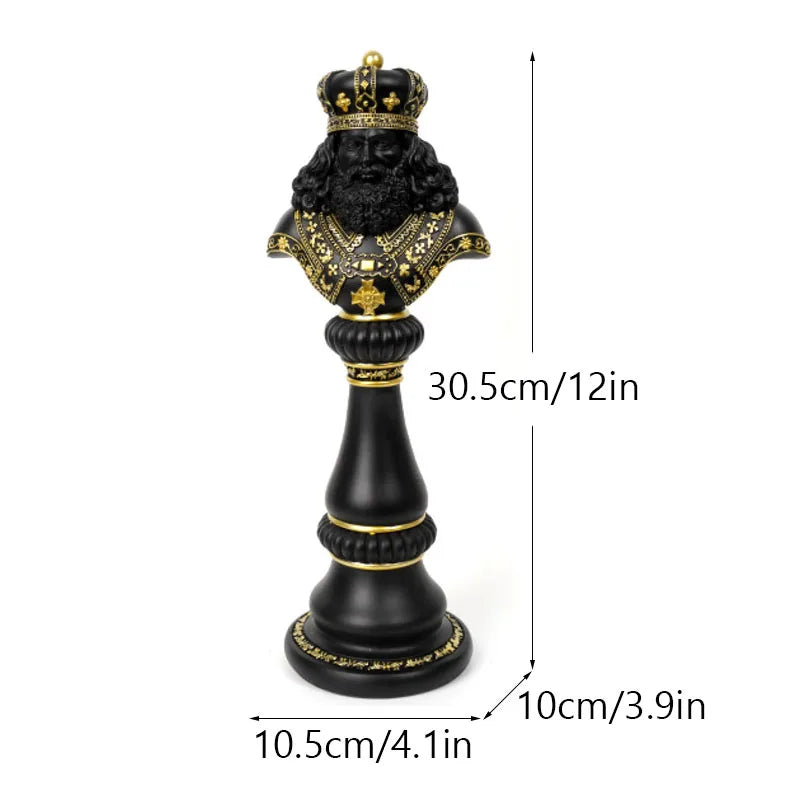 Black and gold bust with a crown, measurements indicated on a white background