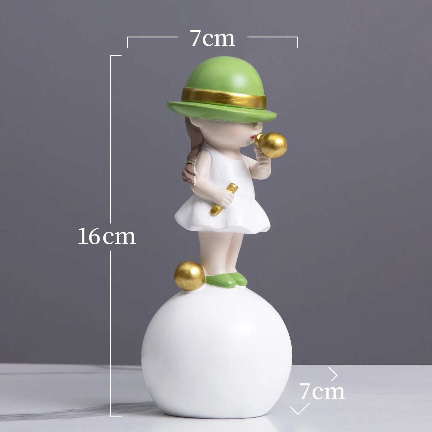 Decorative figurine with measurements on a gray background