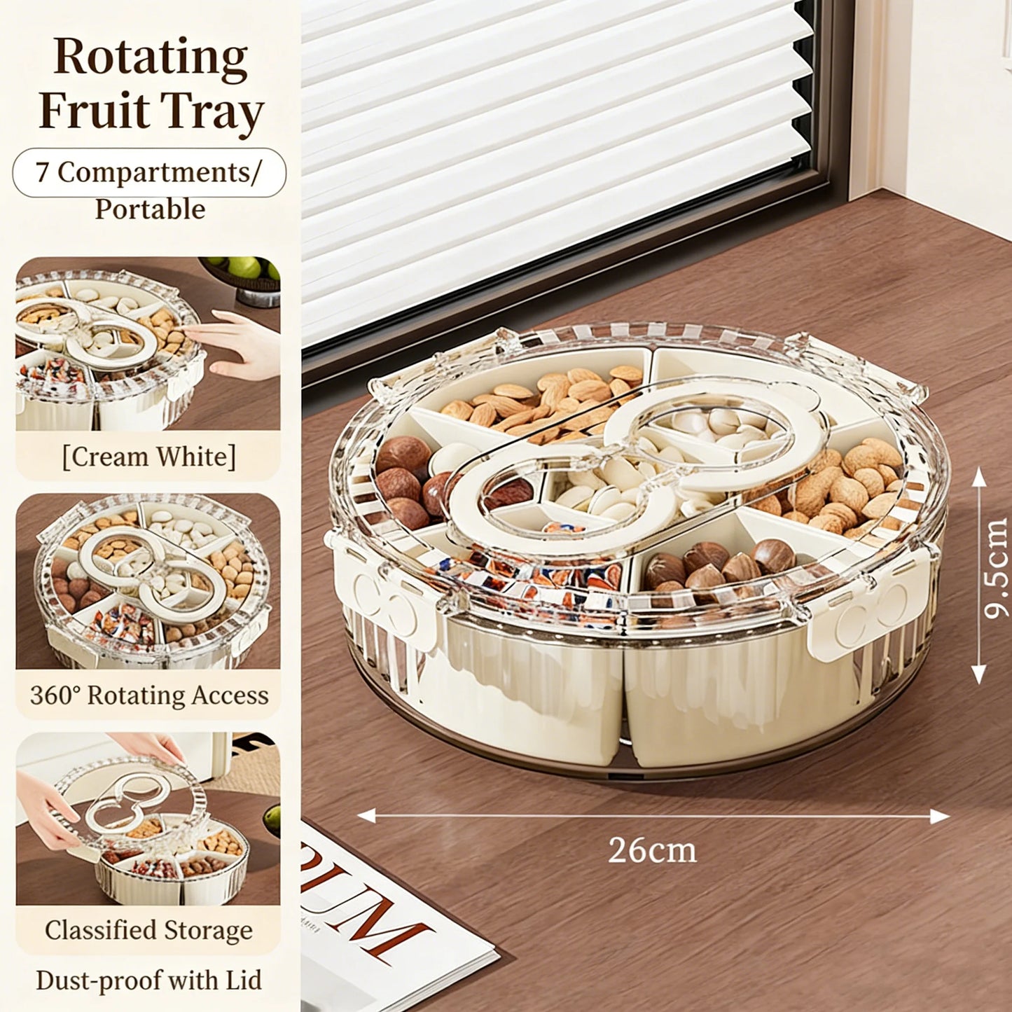Rotating fruit tray with compartments on a wooden surface, showing its design and features.