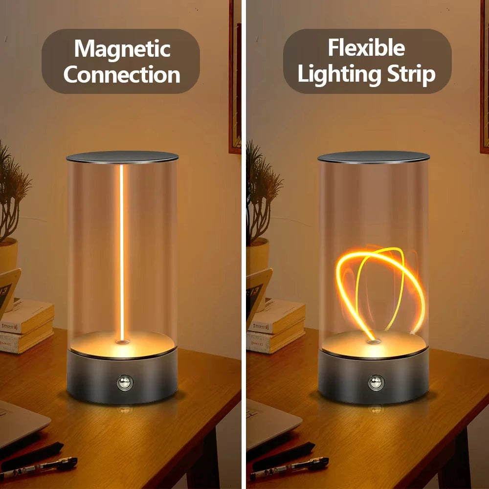 Two views of a cylindrical lamp with flexible lighting strip on a wooden surface.
