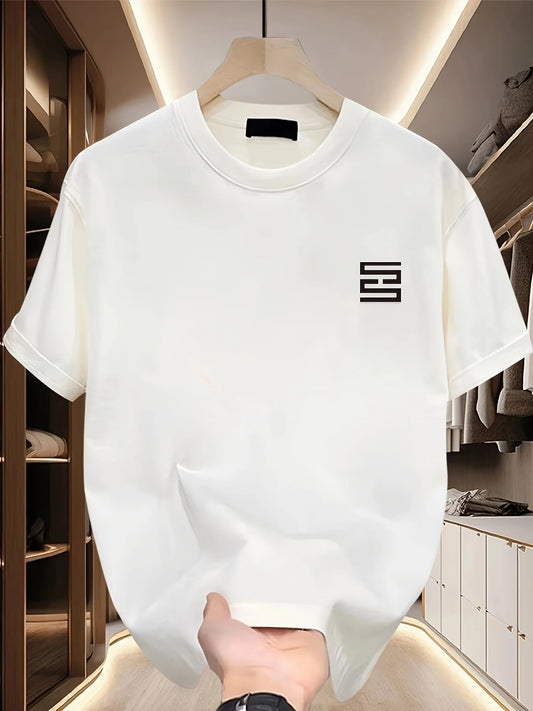 Men’s white heavyweight cotton t-shirt with round neck and small minimalist logo on chest, short sleeve casual top