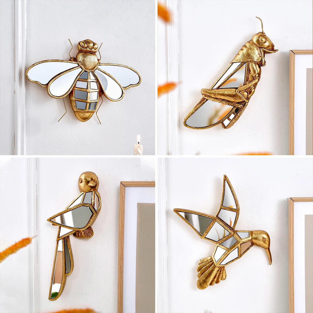 Golden resin animal wall art hanging decorations featuring bee bird hummingbird and grasshopper designs on a modern home wall