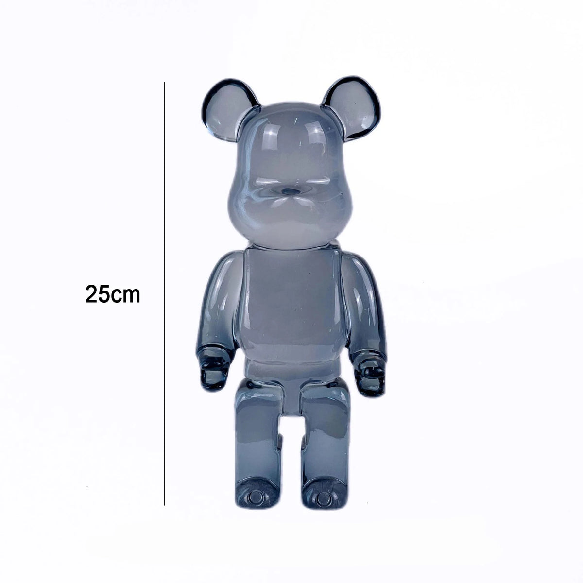 A translucent smoky gray bear-shaped collectible figure shown from the front on a white background, with a vertical measurement marker reading 25cm beside it.