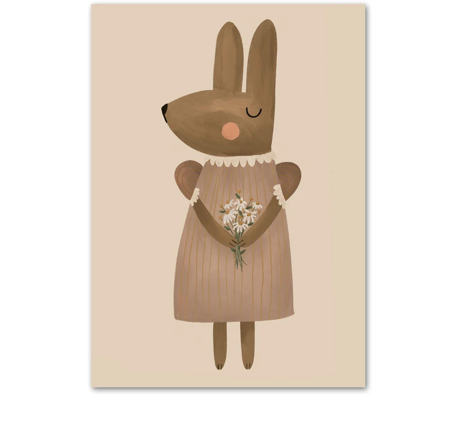 Illustration of a brown rabbit in a dress holding flowers on a beige background
