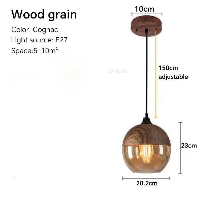 Wooden pendant light with dimensions and specifications on a white background