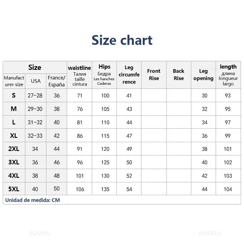 Size chart for Men’s Elastic Waist Drawstring Jeans with measurements in centimeters