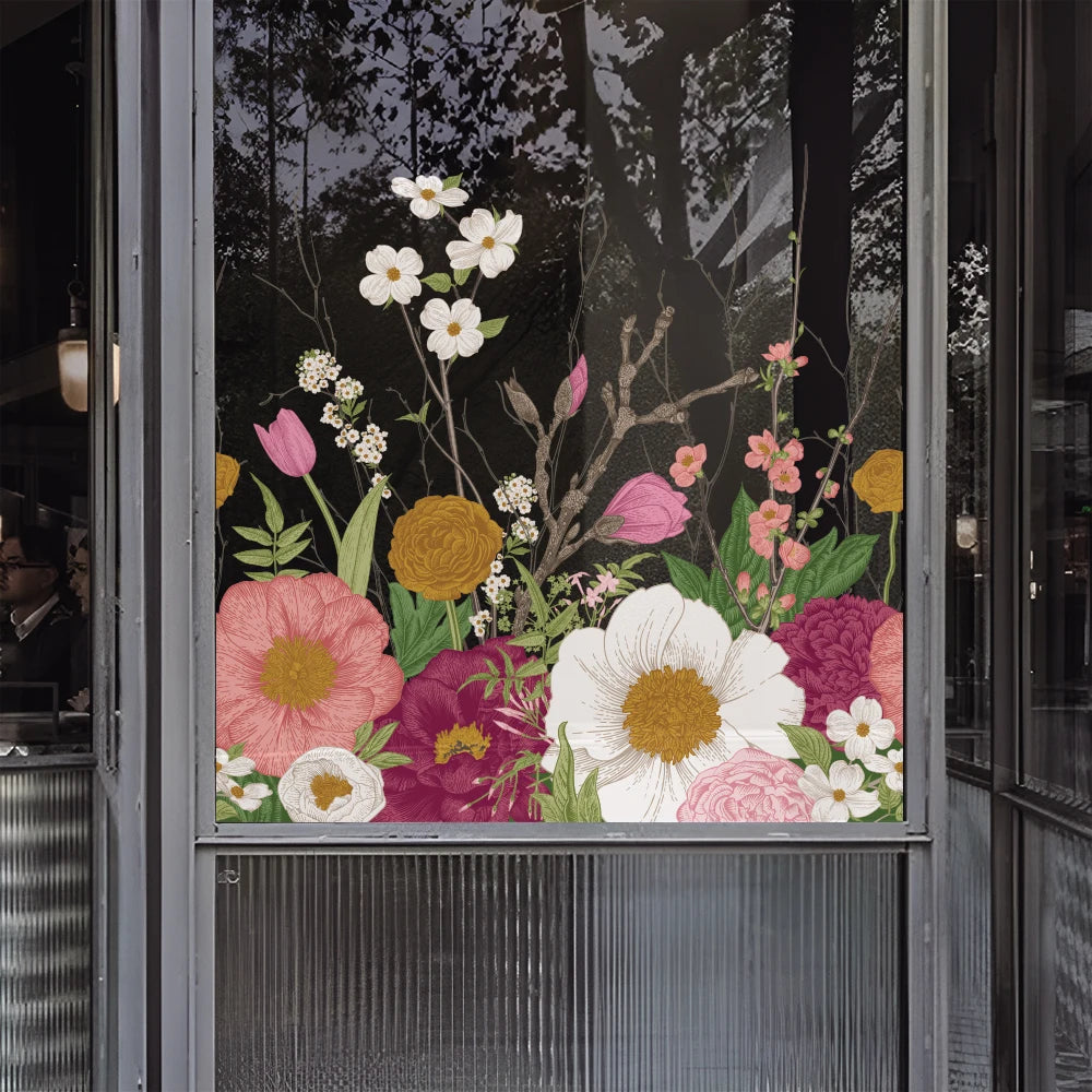 Decorative glass panel with colorful floral design on a dark background