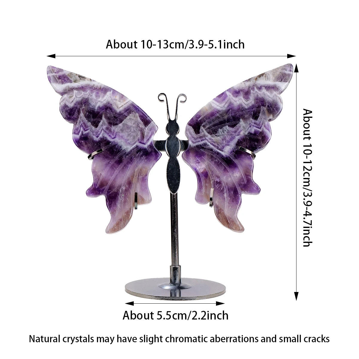 Butterfly-shaped crystal on a stand with measurements indicated