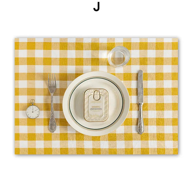 Yellow and white Poster with a plate, cutlery, and decorative items on a white background.