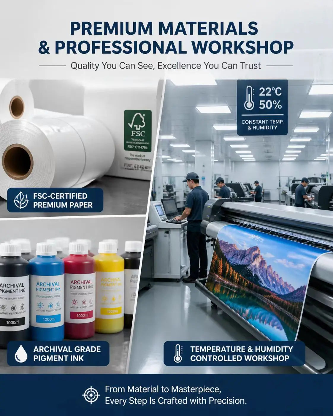 Advertisement for premium materials and professional workshop with FSC-certified paper and ink bottles.