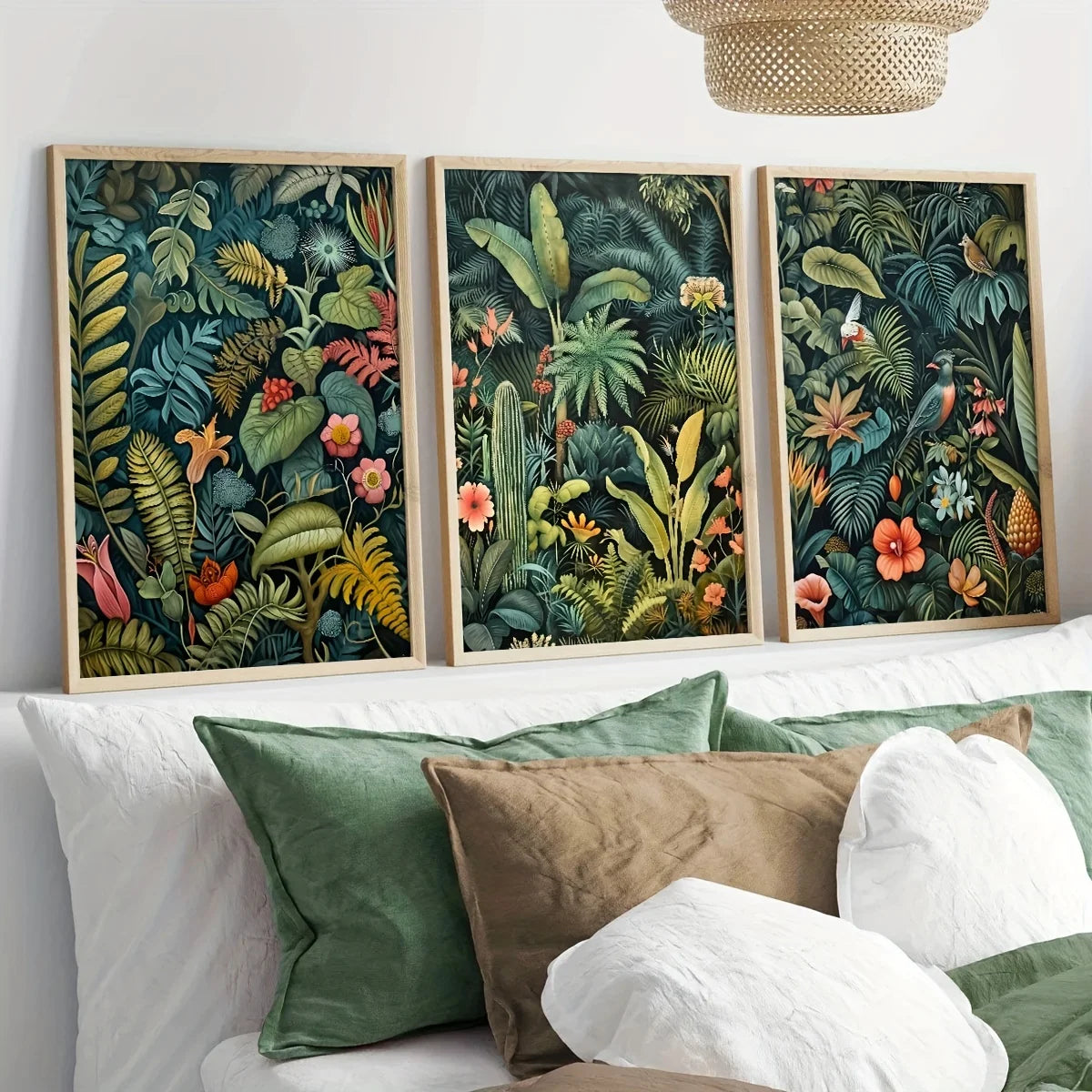 Three framed tropical leaf prints above a sofa with decorative pillows.