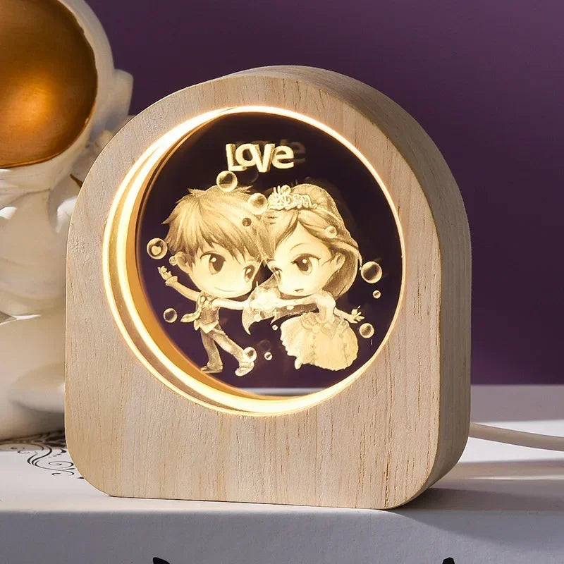Decorative lamp with cartoon characters and 'love' text on a wooden base
