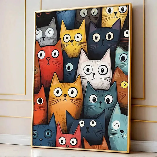 Framed artwork of colorful cartoon cats on a light wall.