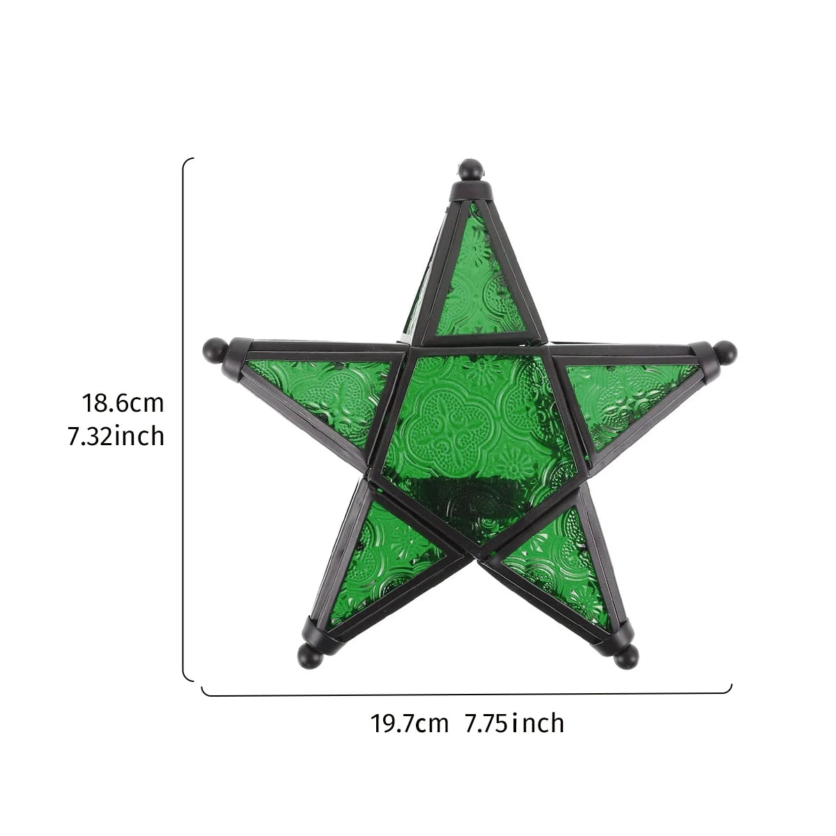 Green star-shaped object with measurements on a white background