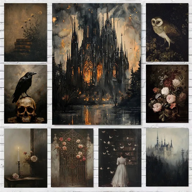 Collage of dark, atmospheric art prints featuring gothic architecture, skulls, flowers, and nature.