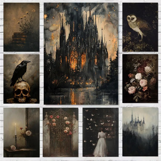 Collage of dark, atmospheric art prints featuring gothic architecture, skulls, flowers, and nature.