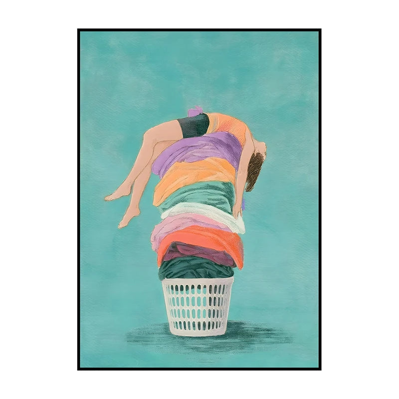 Artistic illustration of a person emerging from a laundry basket filled with colorful towels on a teal background.