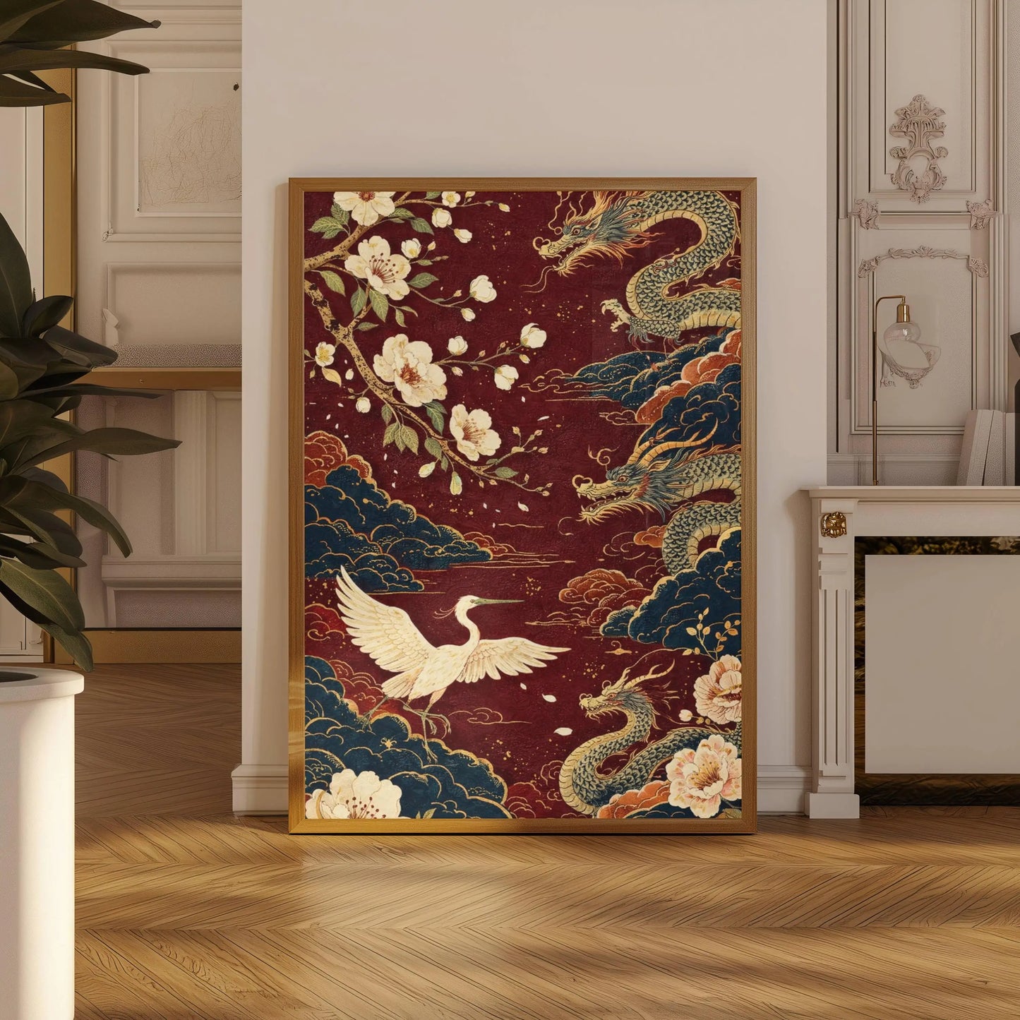 Decorative wall art with dragons and a crane in a room with wooden floor and white walls.