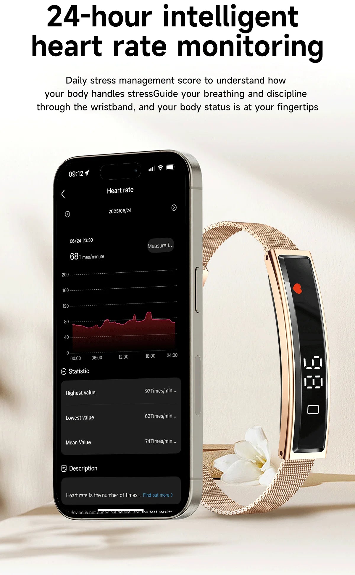 Smart fitness bracelet in gold and white, showing slim touchscreen and silicone/mesh straps.