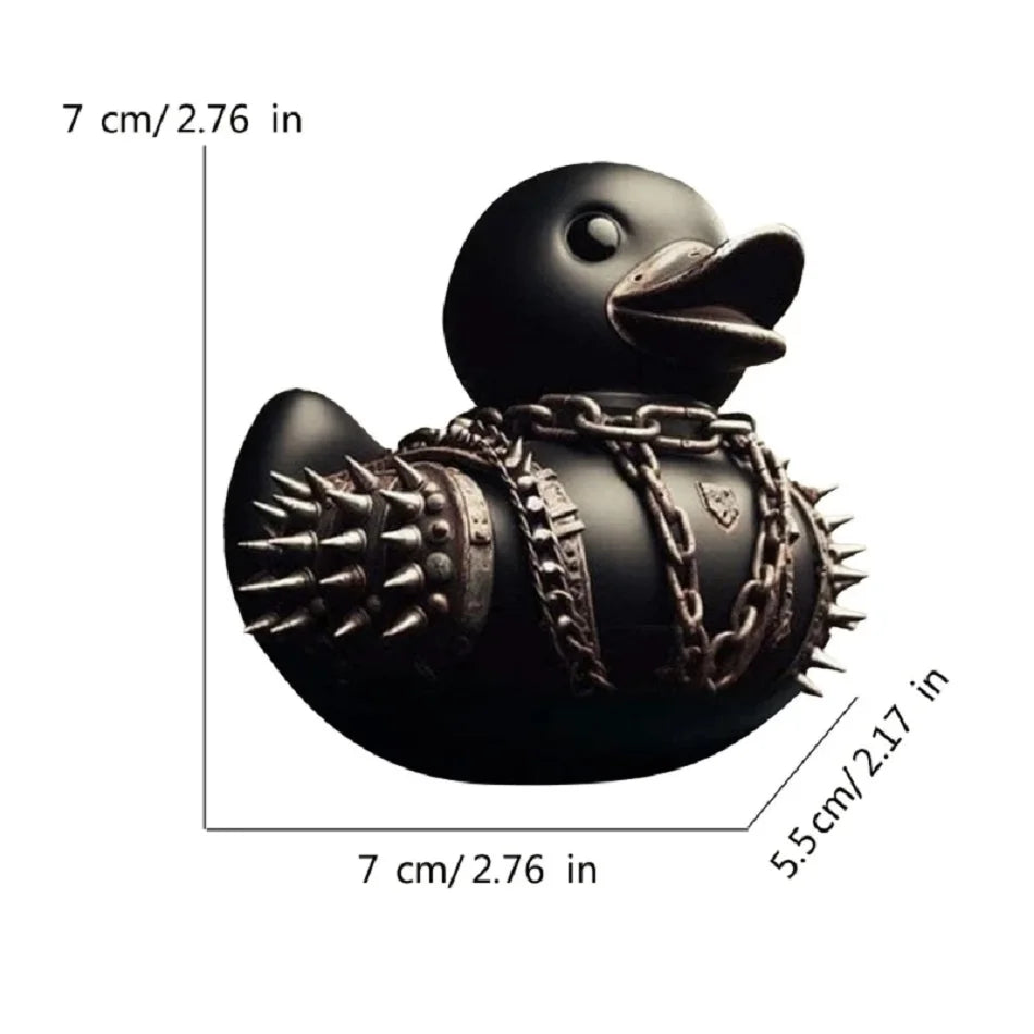 Black rubber duck with chains and spikes, shown with measurements on a white background