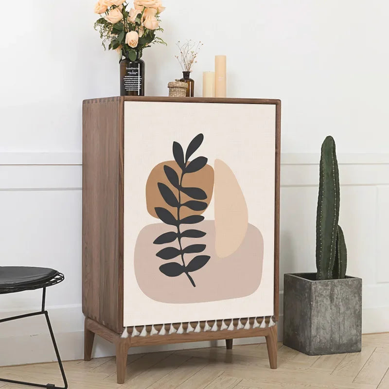 Multiple boho-style self-adhesive cabinet door curtains with abstract sun, moon, rainbow and geometric patterns on wooden cupboards