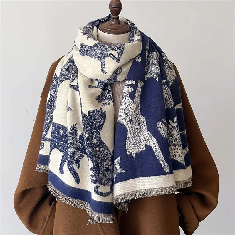 Women’s winter cat print pashmina-style scarf in soft polyester