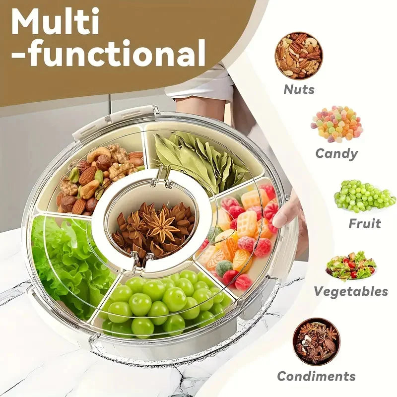 Multi-functional food storage container with compartments for nuts, candy, fruit, vegetables, and condiments.