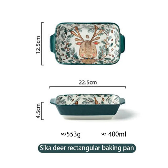 Rectangular baking pan with deer design and measurements on a white background