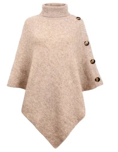 Beige poncho with button details on a white background