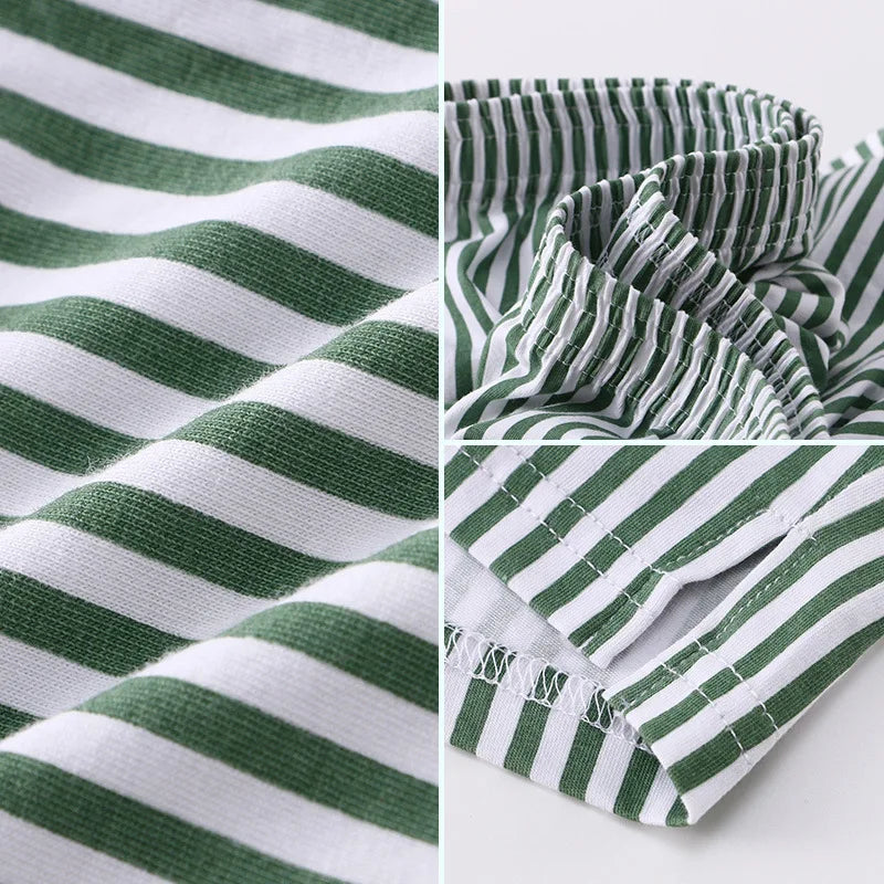 Collage of green and white striped fabric with close-up details on a white background