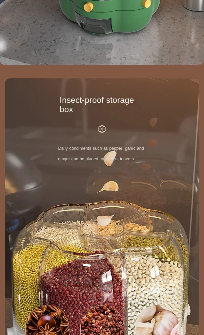 360° rotating cereal and grain dispenser with multiple compartments