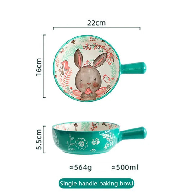 Teal baking bowl with rabbit design and measurements on a white background