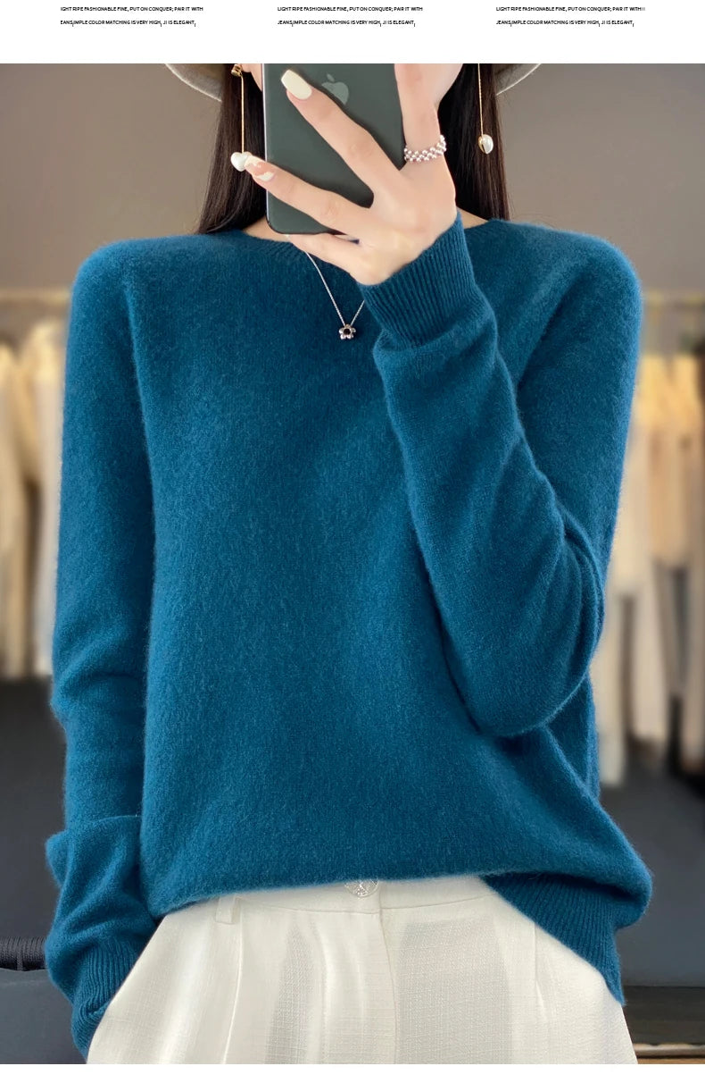100% Merino Wool Women’s Sweater – Soft Cashmere-Feel O-Neck Pullover, Autumn/Winter Warm Knit Top (14 Colours)