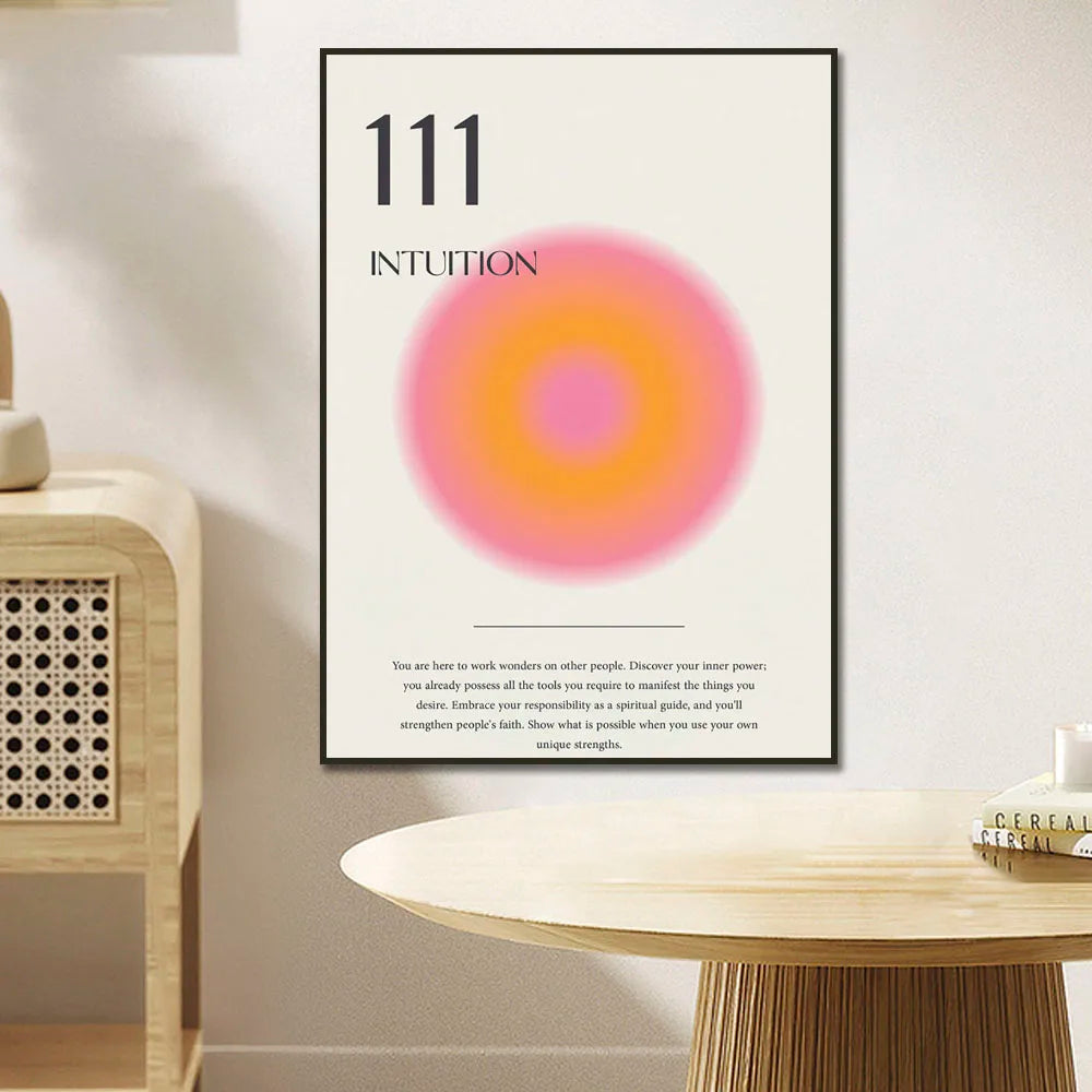 Framed artwork with '111 Intuition' on a wall in a room with a table and chair.
