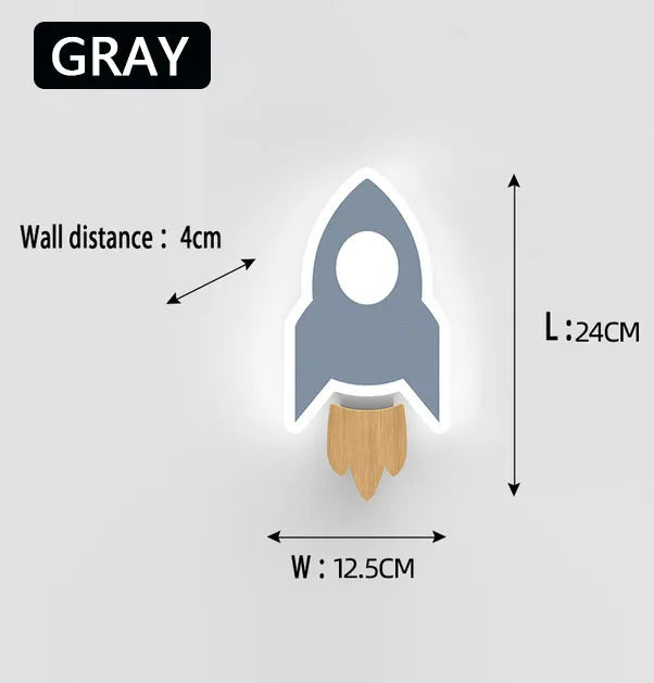 Gray rocket-shaped wall hook with measurements on a gray background