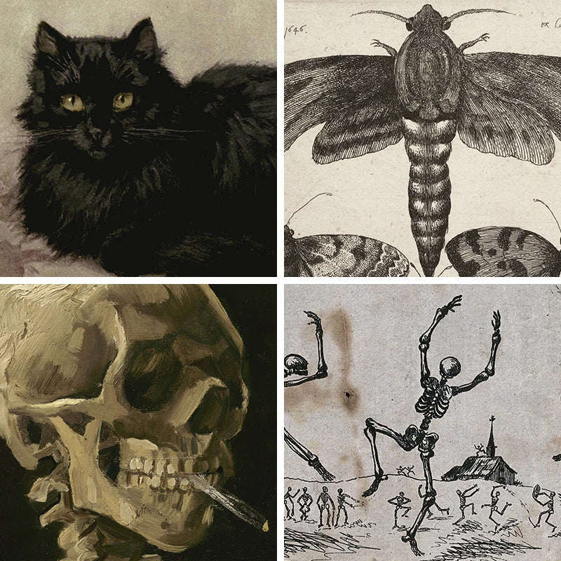 Collage of a black cat, moth, skull, and skeleton dancing with a church.