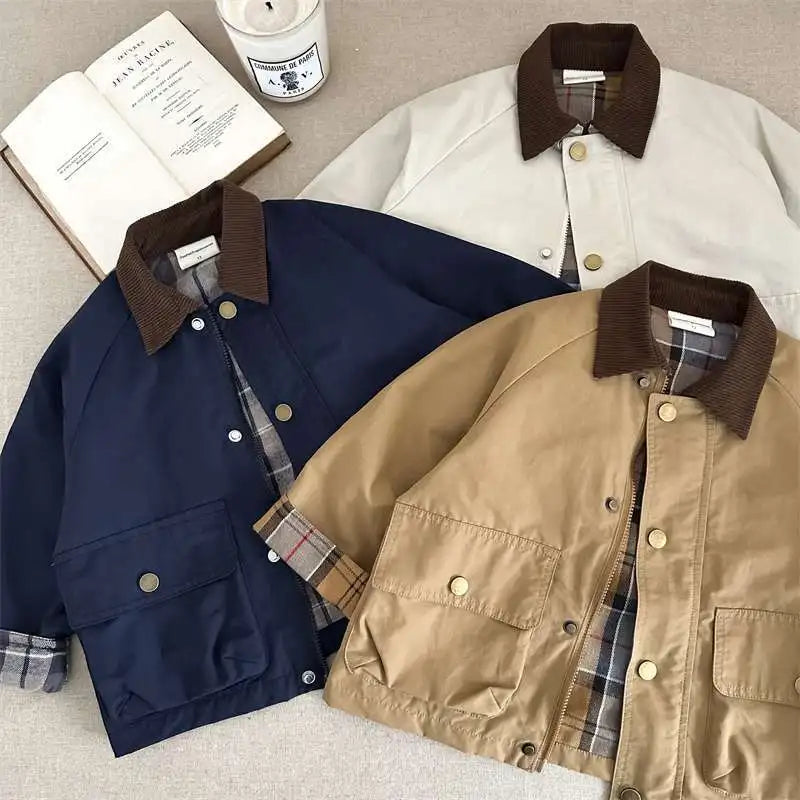 Three jackets in navy, beige, and white with plaid lining on a neutral background.